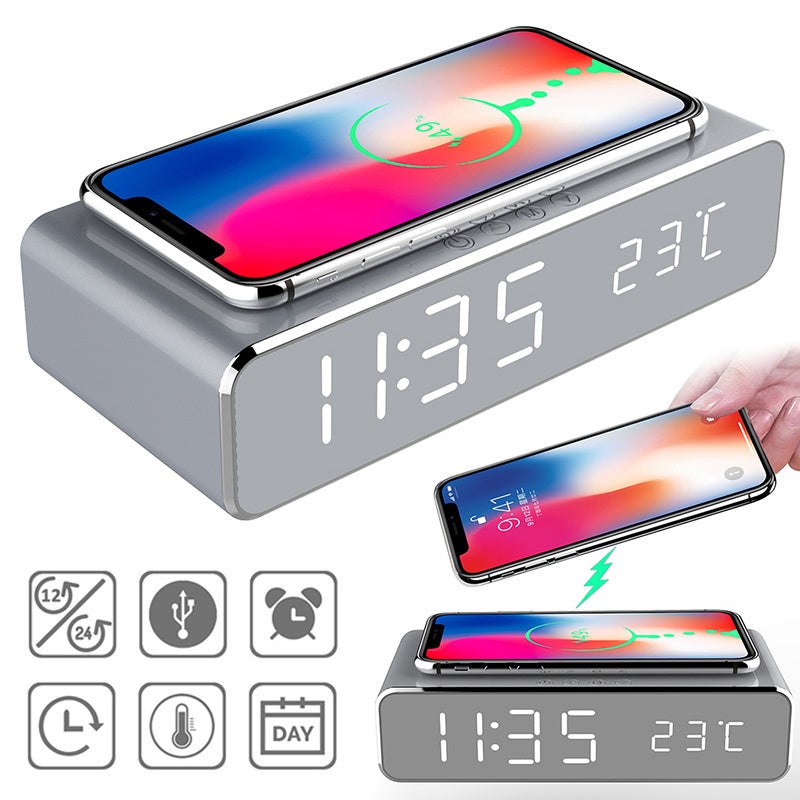 „LED Elektrischer Wecker mit Wireless Charger – Digitaler Tischwecker mit Thermometer, HD Spiegelanzeige & Uhr für Schreibtischdeko“